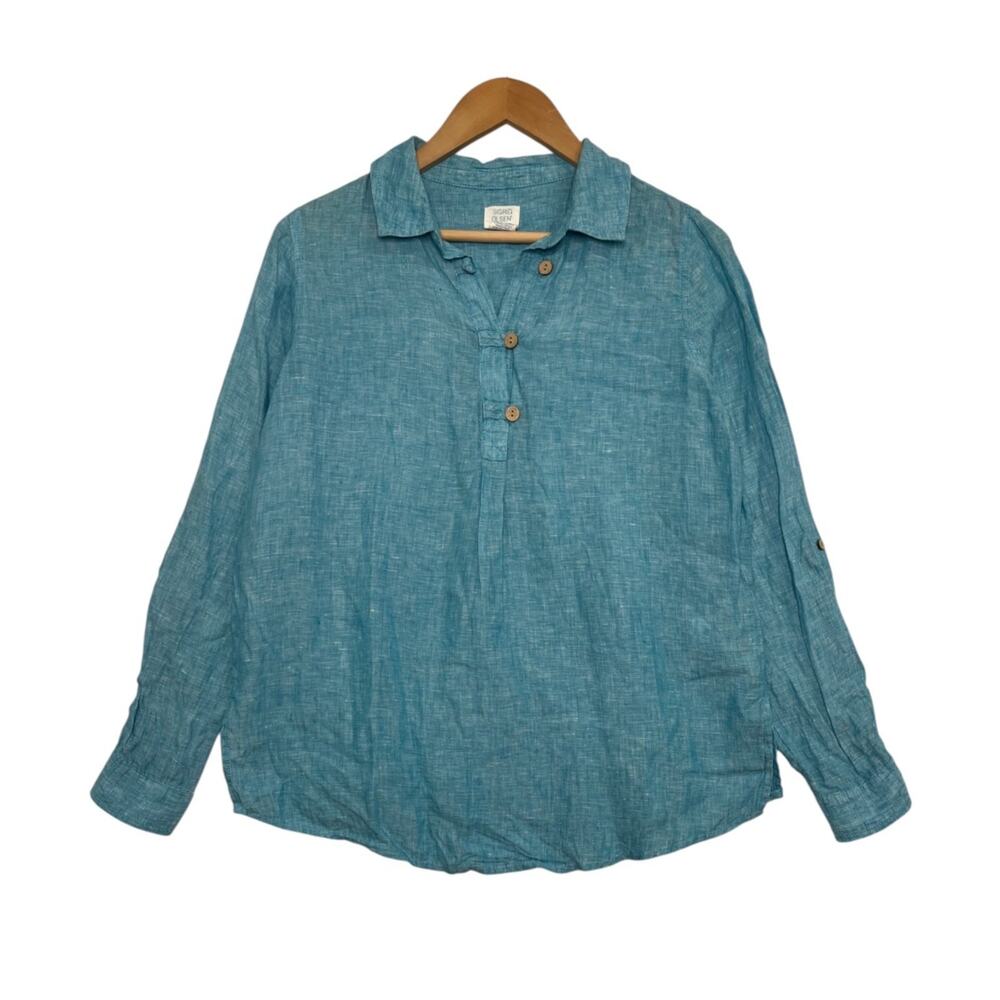 Sigrid Olsen Top Womens Small Blue Linen Popover Coastal Cottage Beach Resort